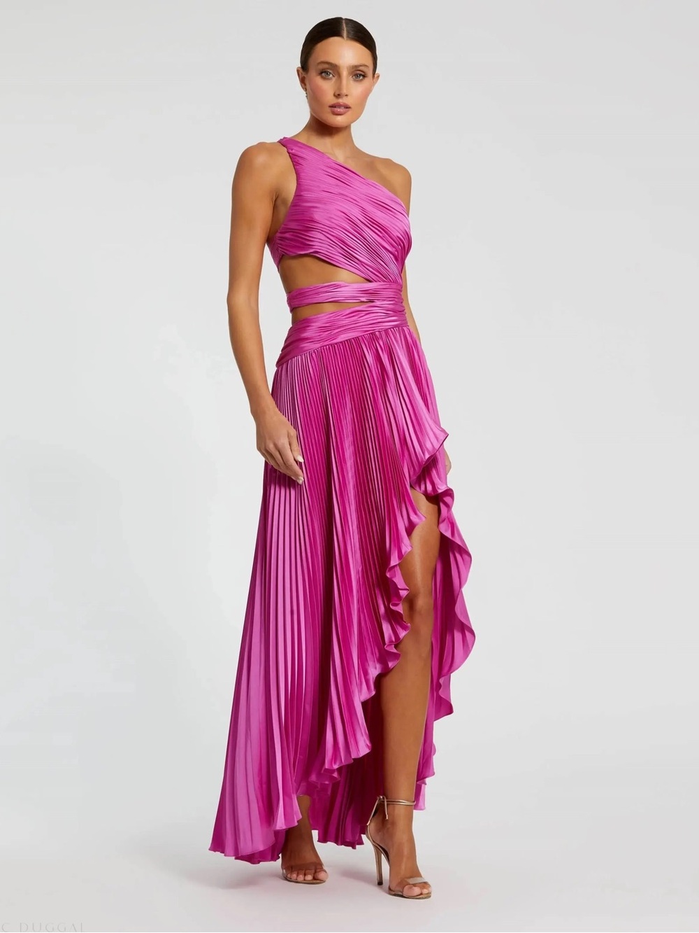 Mac Duggal Hot Pink One-Shoulder Pleated Maxi Dress